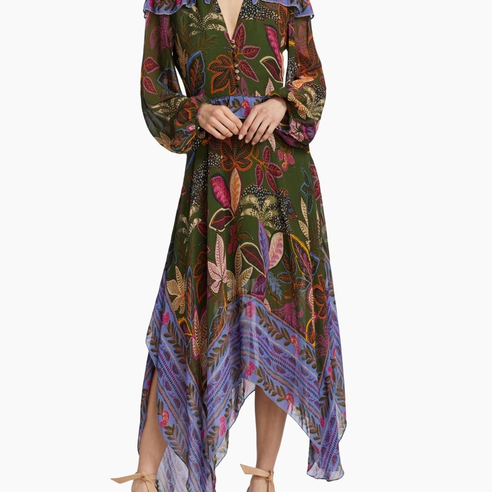 FARM Rio Green and Purple Floral Long Sleeve Dress